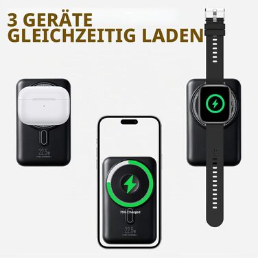 Магнітний Power Bank для MagSafe 10000mAh, бездротова швидка зарядка PD 22.5W, 3 порти та 2 кабелі, LED-дисплей, сумісний з iPhone 17/16/15/14/13/12 серії (Чорний)