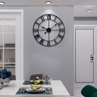 HAITANG Large Vintage Wall Clock, Black Round Metal Wall Clock Silent No Ticking, Battery Operated, 47cm Roman Numerals, Clocks for Living Room, Bedroom, Kitchen Decoration