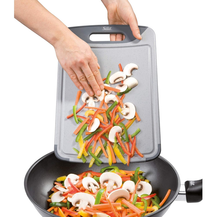 Silit Cutting Board Plastic Set, 2-Piece, Kitchen Board with Juice Groove, Hanging/Carrying Handle, 2 Sizes, Blade-Friendly
