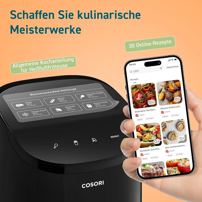 COSORI Air Fryer Small, 4-in-1 Mini Air Fryer 2L, fast and easy cooking with 48dB, 30 recipes, 97% less fat, energy-saving, dishwasher-safe, 1-2 people Dark Black Mini