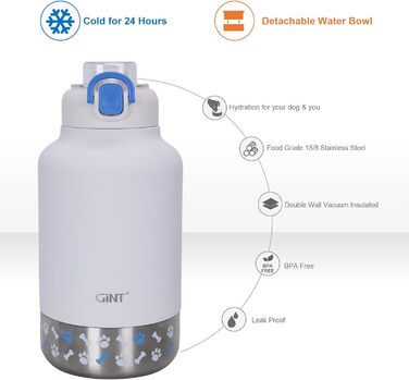 GiNT Ізольована пляшка для води з нержавіючої сталі для собак та людей, багатофункціональний дорожній диспенсер з знімними мисками та сумкою, водонепроникна годівниця для тварин для прогулянок, походів, кемпінгу, авто, білий/розкішний сад