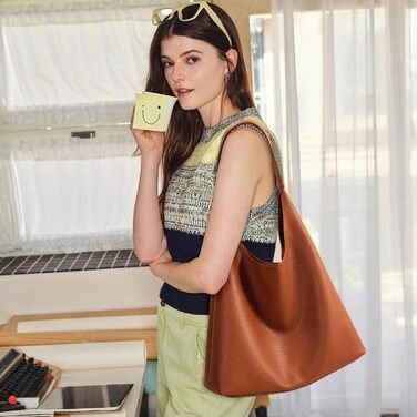 Сумка жіноча KALIDI Shopper Hobo з PU шкіри, вінтажна сумка-тоут з кнопкою, велика для роботи, навчання, повсякденного використання (коричнева)