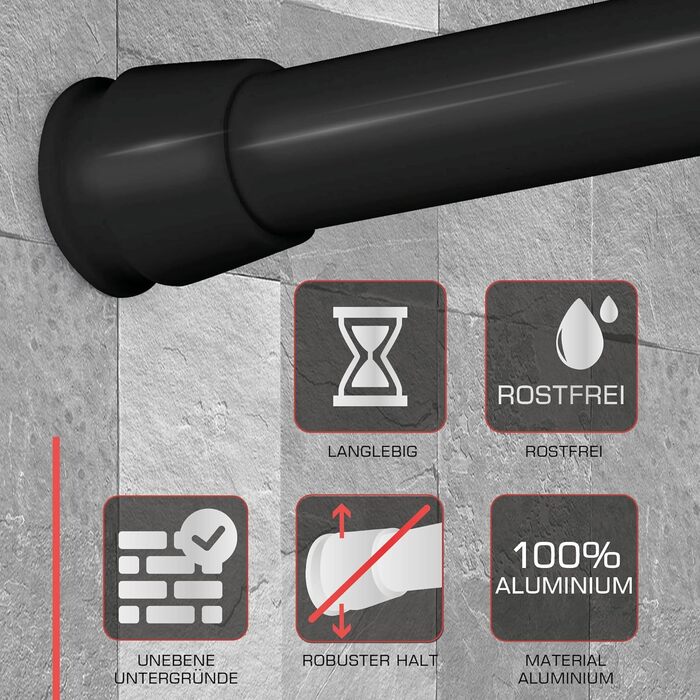 Телескопічна штанга для душу без свердління, регульована – кріпиться без свердління, протиковзна, для штори для душу (70-120 см, чорний)