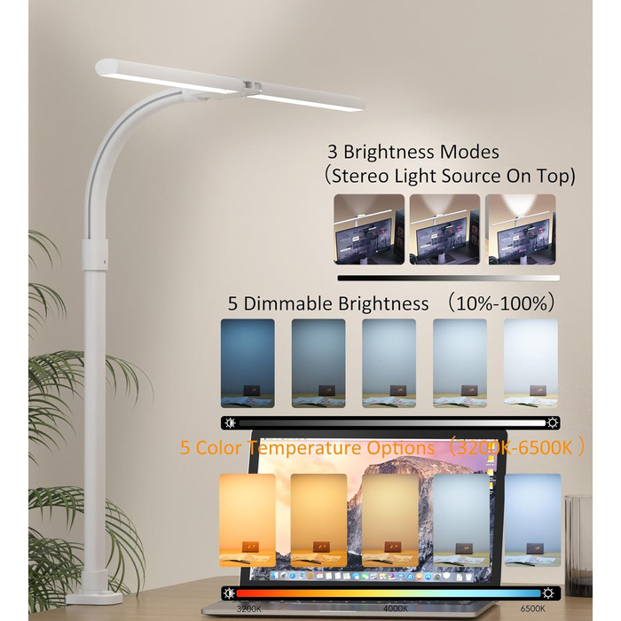 LED лампа для робочого столу з регулюванням яскравості, 24W, 80см, для офісу та дому, лампа-лебідь, кріпиться до столу (біла)