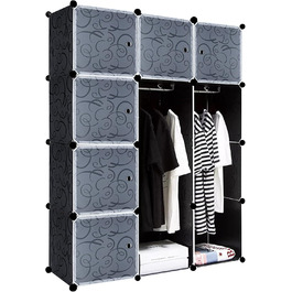 NAIZY Wardrobe Black DIY Plastic Shelf System Closet Organizer with Shelves and Door Plastic Closet (16 Cubes, with 2 Clothes Rods) (12 Cubes, with 2 Clothes Rods)