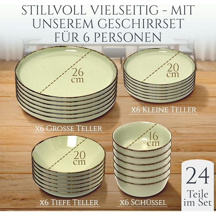 Набір посуду Steingut Rustic 24 шт. для 6 осіб: м'ятно-зелений сервіз Pure Living (м'ятний колір, сільський стиль)