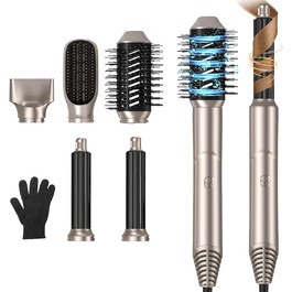 Фен-стайлер 6 в 1 для волосся, Airstyler Set, автоматичний локонів, термощітка, фен, мультистайлер для жінок, чорний (золотий)