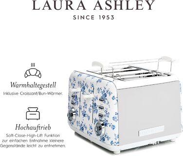 Тостер VQ Laura Ashley з 4-ма тостами, регулюванням нагріву, функціями розморожування та підігріву, з насадкою для круасанів, нержавіюча сталь, ретро-дизайн, колір 