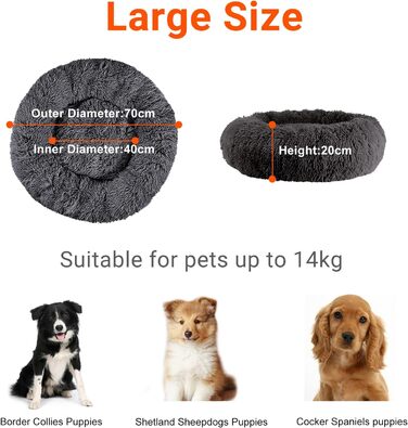 fireowl Donut Dog Bed Large Fluffy: 70cm Soothing Puppy Bed Anti-Anxiety Cat Bed - Plush Pet Bed Round Cozy Washable Gray