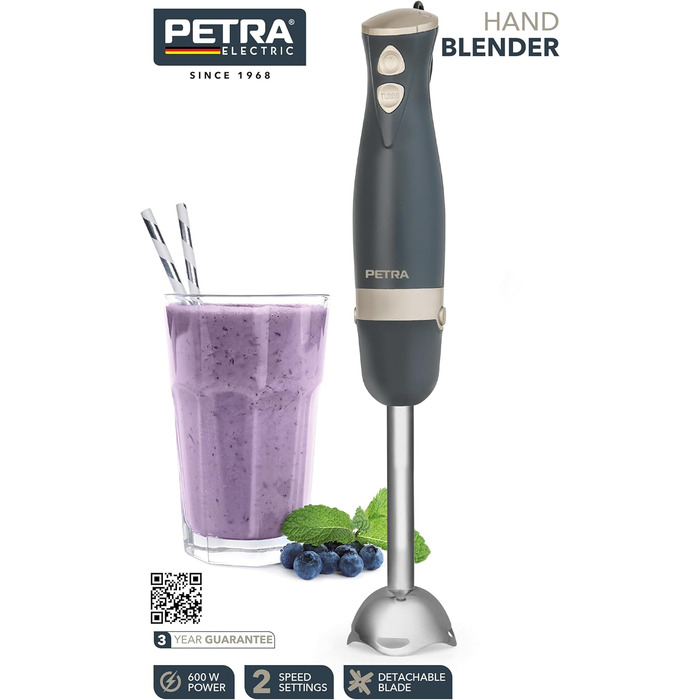 Занурювальний блендер Petra PT5612BGRYVDE, 600 Вт, нержавіюча сталь, 2 швидкості, електричний, знімний, для супів, смузі, соусів, дитячого харчування, сірий і золотий