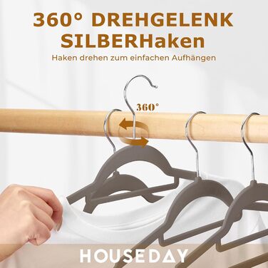 Набір вешалок для одягу HOUSE DAY, 30 шт., велюрові, преміум-якість, обертаються на 360°, сірі