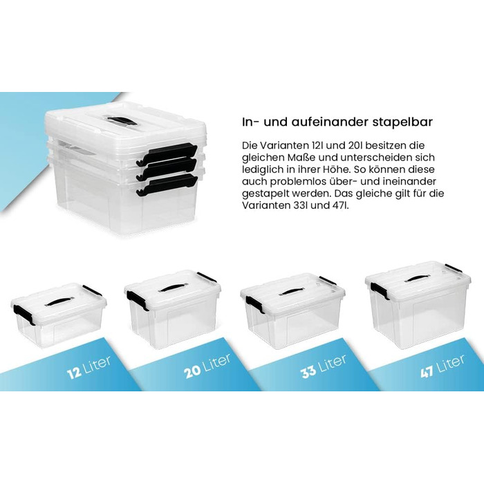 3-Piece Storage Boxes with Lid | BPA Free | With or Without Carrying Handle | Storage Containers with Reinforced Bottom Structure (With Carrying Handle - Transparent, 33L)