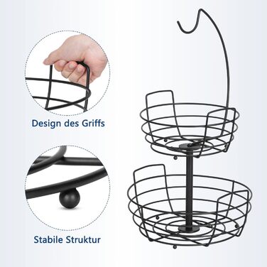 Металева підставка для фруктів та овочів на 2 яруси з гачком для бананів - чорна