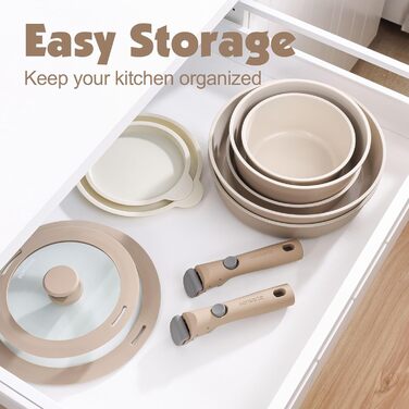 SENSARTE 17-Piece Ceramic Nonstick Cookware Set with Detachable Handle - Induction Compatible, Dishwasher Safe (Beige)