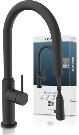 Кухонний змішувач SCHÜTTE 79562 Blackpool з висувною лійкою, поворотний на 360°, з однорідним змішувачем, чорний