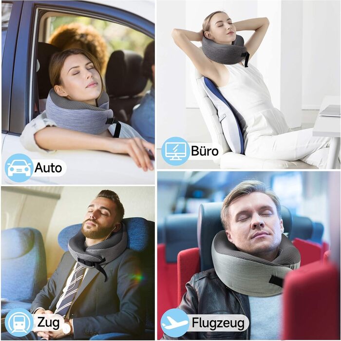 Подушка для шиї у літак, подорожі: Memory Foam, регульована, компактна, з чохлом, навушники, маска для сну (темно-сірий)