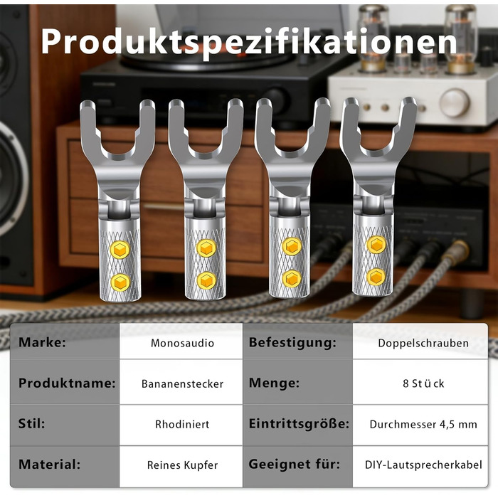 Конектори для акустичних кабелів Monosaudio SY1508R, позолочені (родий), Y-подібні плоскі клеми з гвинтовим затискачем, 8 шт. (для кабелів до 4,5 мм)