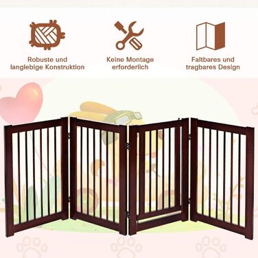 Захисний бар'єр для собак COSTWAY 76 см, 4 панелі, дерев'яний з хвірткою, для дому, дитячий, складний, коричневий