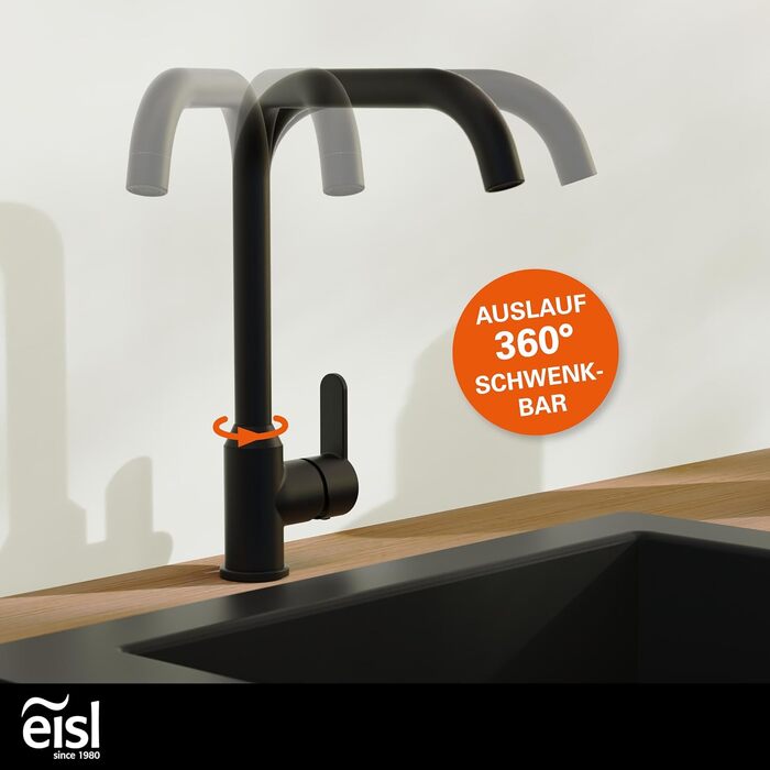 Кран кухонний гнучкий EISL Flexo з нержавіючої сталі/чорний, з високим виливом та м'яким шлангом, поворотний на 360 градусів, NI186FLNIB