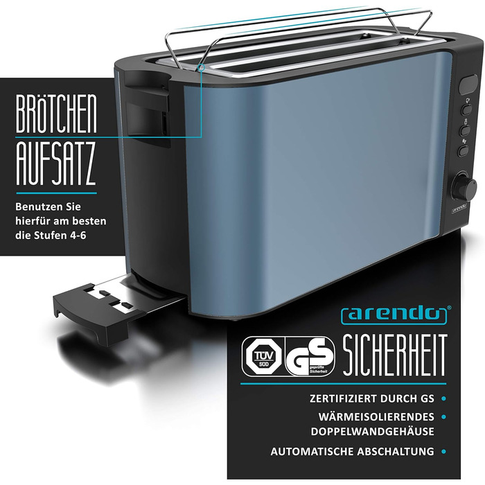 Тостер Arendo з нержавіючої сталі, 4 слоти, підігрів, підігрів тостів, підставка для бургерів, зйомка крихт, дисплей, темно-синій