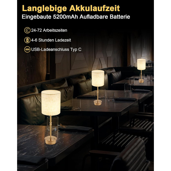 Нічна лампа OCEST на акумуляторі, сенсорне керування, регулювання яскравості, декоративне освітлення для дому, кухні, тераси, обіднього столу. Тканинний абажур кольору античне латунь, висота 41,5 см