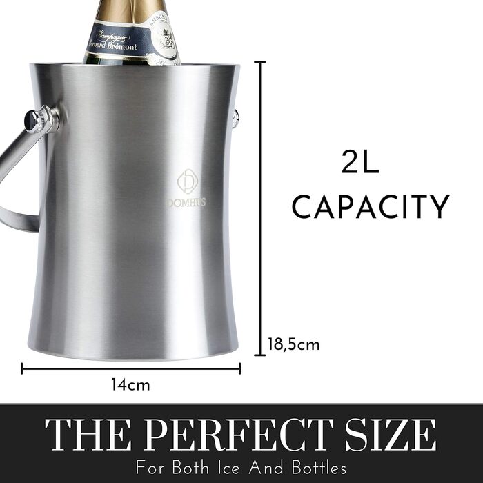 2.0L Premium Ice Cube Container with Lid and Tongs | Stainless Steel Champagne Cooler Insulated Double-Walled Stainless Steel Ice Container with Carrying Handle | Silver Matte