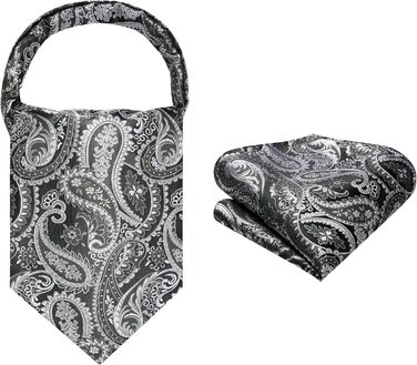 HISDERN Комплект краватка-снуд, краватка-аскот, хустинка для кишені чоловіча Paisley сіра/срібна для весілля та бізнесу