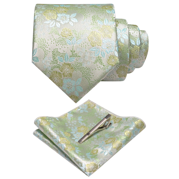 Чоловіча краватка та хустинка JEMYGINS з квітковим принтом, комплект з затискачем для краватки (Світло-зелений/Яскраво-зелений)