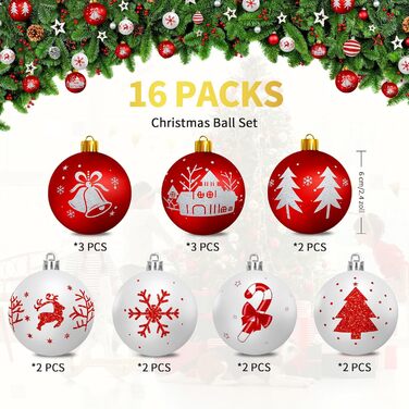 Шарм-кулі для ялинки з пластику, 16 шт. Червоні та білі прикраси для ялинки з стрічкою, декор до Різдва