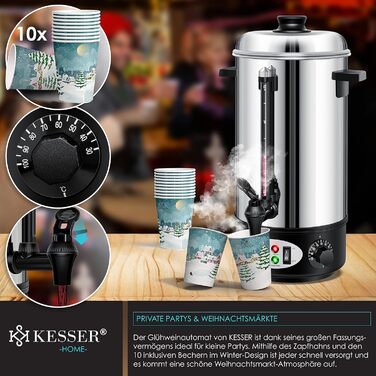 KESSER® Mulled Wine Boiler 8L Stainless Steel Incl. 10 Cups Mulled Wine Cooker with Thermostat Mulled Wine Dispenser Hot Beverage Dispenser Water Boiler Hot Water Dispenser Canning Device Level Indicator Tap Silver