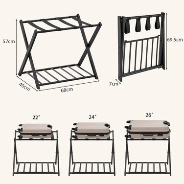 GIANTEX Folding Luggage Rack, 2-Tier, 68 x 43 x 58 cm, Luggage Stand, Metal Luggage Rack, Space-Saving, Luggage Rack for Bedroom, Guest Room, Hotel, Black (2 Pieces, Black)