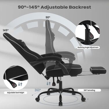 Ігрове крісло WOLTU GS11sz з пружинною подушкою, ергономічне комп'ютерне крісло до 150 кг, з підголовником, поперековою подушкою, підставкою для ніг, сітчаста тканина, чорне-сіре