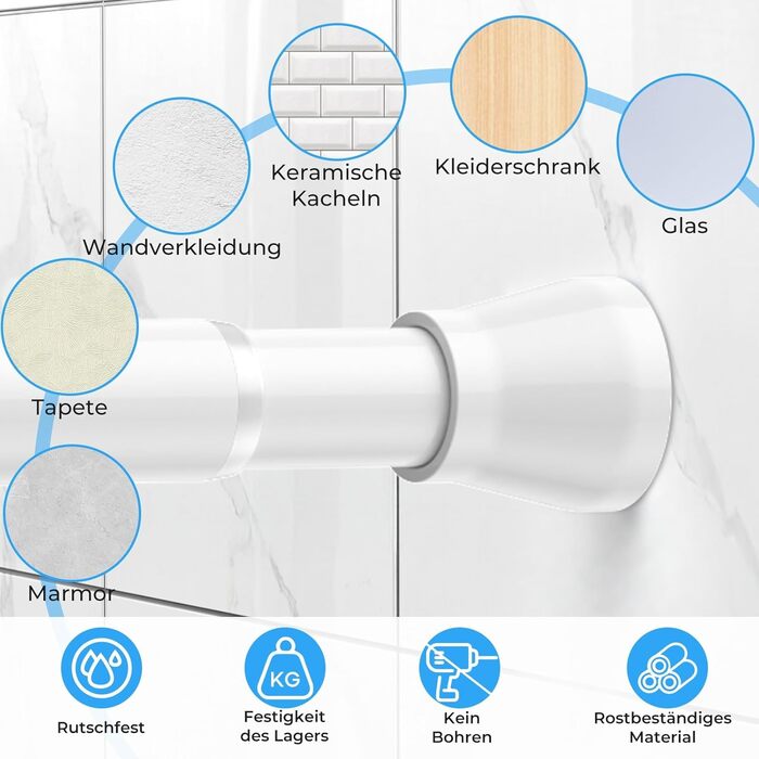 Штанга для штор без свердління 113-196 см, телескопічна, для ванної, вікна, кухні, шафи, біла (1 шт.)