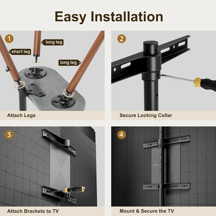 Підставка для телевізора 43-65 дюймів: регульована, поворотна, з дерев'яною полицею, VESA 400x400, чорний, мінімалістичний дизайн