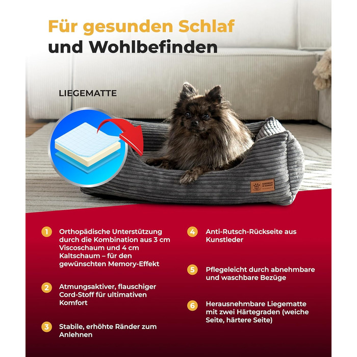 Ортопедичне собаче ліжко HS-Hundebett® Deluxe Cord: м'яке, зручне, зелене, 70x90 см, для великих собак, знімний чохол, неслизьке, зроблено в Німеччині