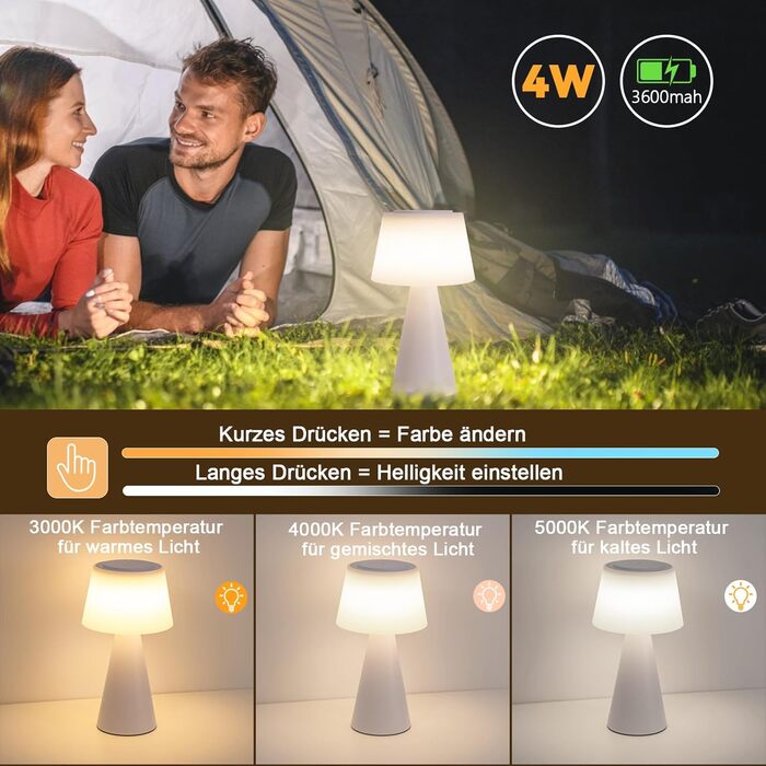 Настільна лампа акумуляторна LED біла з USB зарядкою, диммер, 3600mAh - для спальні, вітальні, вулиці