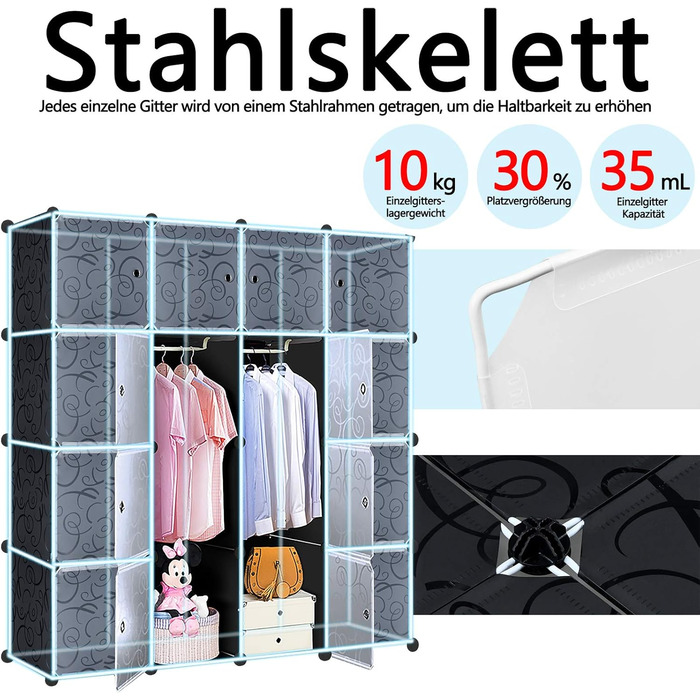 NAIZY Wardrobe Black DIY Plastic Shelf System Closet Organizer, Plug-in Shelf System with Door, Plastic Closet (16 Cubes, with 2 Clothes Rods)