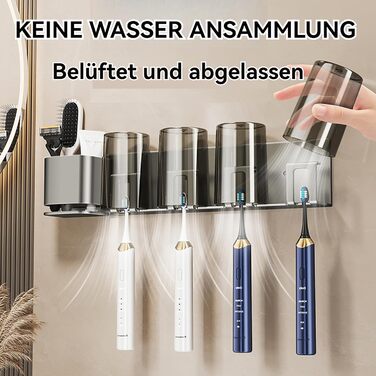 UUE Toothbrush Holder, 4 Compartments Toothbrush Holder Electric Toothbrush Holder for Toothbrushes and Rinse Cups, Stainless Steel Toothbrush Holder with 4 Cups, No Drilling, Self-Adhesive, for Bathroom