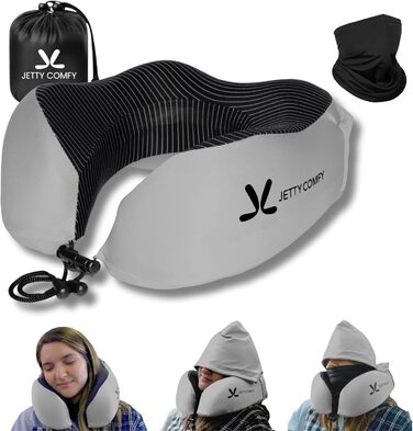 Подушка для шиї в подорожах з Memory Foam з капюшоном та захистом обличчя: підтримка шиї, зменшення навантаження та втоми, захист приватності в літаку