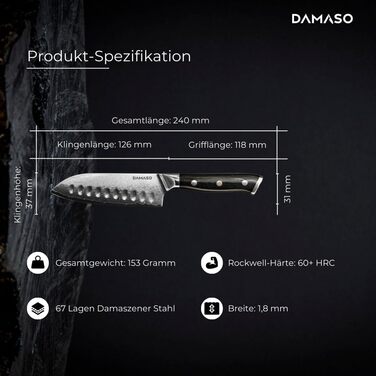 Кухонний ніж Santoku Damaso 12,7 см, 67 шарів дамаск, японський, Black Pearl