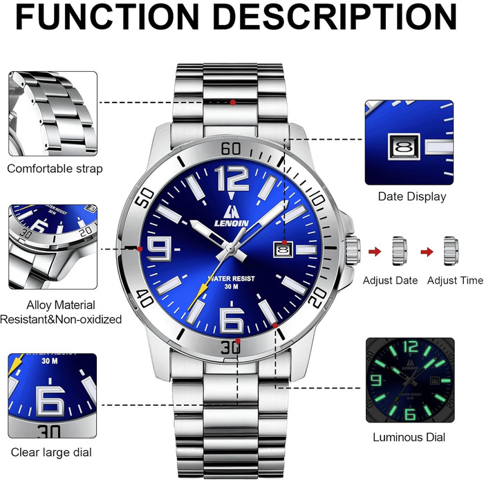 Годинник чоловічий LENQIN з нержавіючої сталі, водонепроникний, з датою, аналоговий кварцовий годинник, бізнес-стиль, срібний колір, синій циферблат