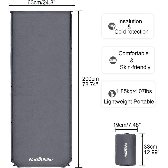 Кемпінговий килимок Naturehike надувний, 6 см, сірий - для кемпінгу, подорожей та піших прогулянок