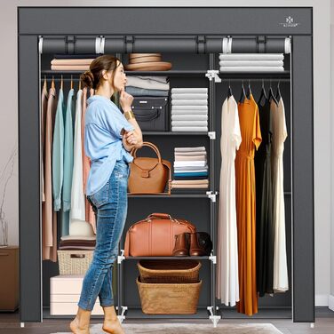 KESSER® Wardrobe Clothes Rack Stable with Clothes Rail & Shelves, Incl. 5x Clothes Hangers, Fabric Folding Wardrobe for Bedroom, Dressing Room Closet with Clothes Stand 150x45x175cm (Anthracite)