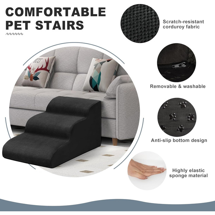 Сходинки для собак Mozvvco: 3 сходинки для маленьких собак, знімний чохол, чорний колір