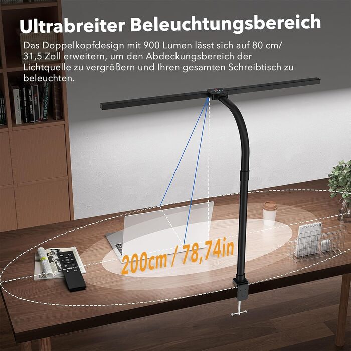 LED лампа настільна Jeebel 24W з двома головками, регулювання яскравості, 1800LM, 80 см, з пультом дистанційного керування, кріплення, 10 температур кольору, 10 рівнів яскравості, для офісу