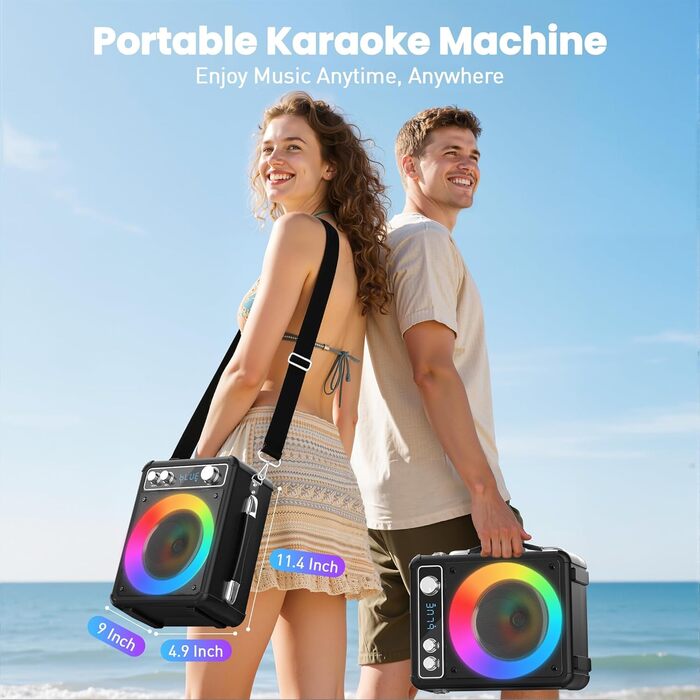 Портативна караоке-машина Ankuka з 2 бездротовими мікрофонами, 15W Bluetooth, LED-підсвічуванням, TF/USB, FM, AUX, TWS, для вечірок та свят