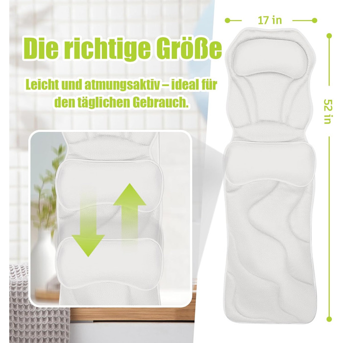 Подушка для ванни Vollkörper для тіла, спини, голови та шиї. Швидковисихаюча біла подушка для ванни – комфортне купання.