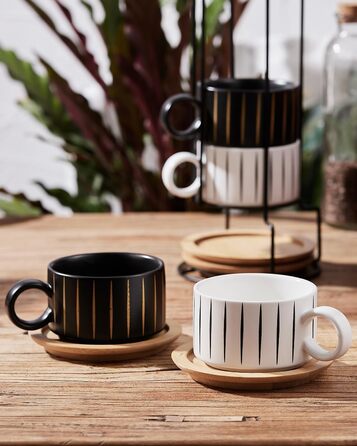 Набір кавових чашок Cappuccino HOME DECOR (4 шт.) 160 мл з підставками та стійкою - 160 мл, кераміка, для еспресо, капучино, лате, Stripe