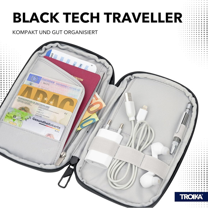 TROIKA Smart Traveller and Cable Organizer Black TECH Traveller – Front Pocket, Zip Pocket, Card Slots – Polyester, Polyurethane, Tarpaulin (Canvas) – Black Original