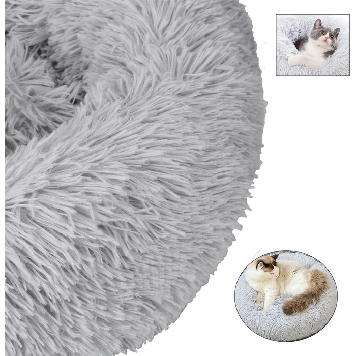 М'яке ліжко для котів та собак: кругле, плюшеве, миється, 70см/60см, білий/світло-сірий